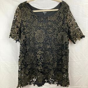 Y2K Simply Emma Black & Gold Crochet Lace 1X Tunic Top Whimsigoth Fairy Grunge